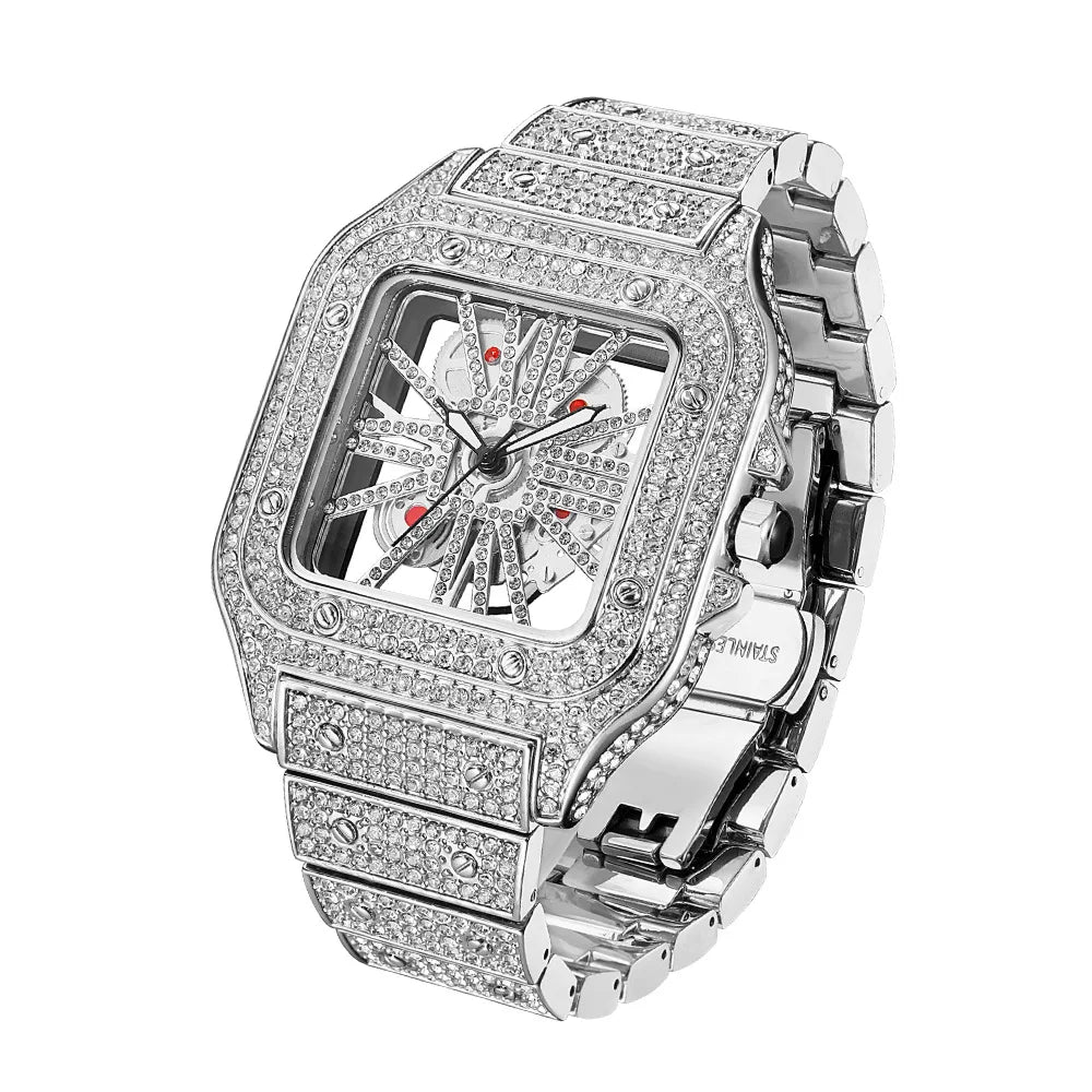 THAI-Relógio de quartzo quadrado impermeável masculino, luxo, oco, Hip Hop, diamante completo, metal, relógio, presente, W86, moda, novo, 2024