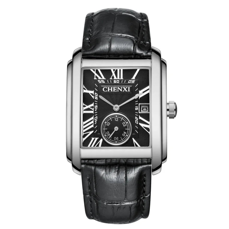 Chenxi 8216 relógios de quartzo casuais masculinos elegante mostrador quadrado pulseira de couro à prova d'água calendário simples relógio de pulso masculino de negócios