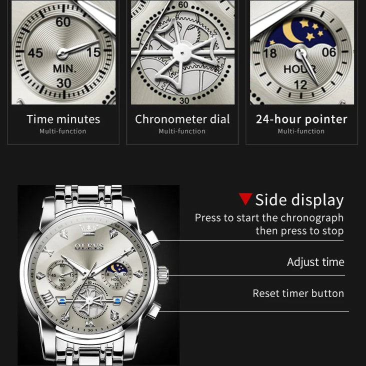 OLEVS 2856 Men's Watches Classic Multifunctional Fltwheel Chronograph Original Quartz Wristwatch Moon Phase 24 Hour Waterproof