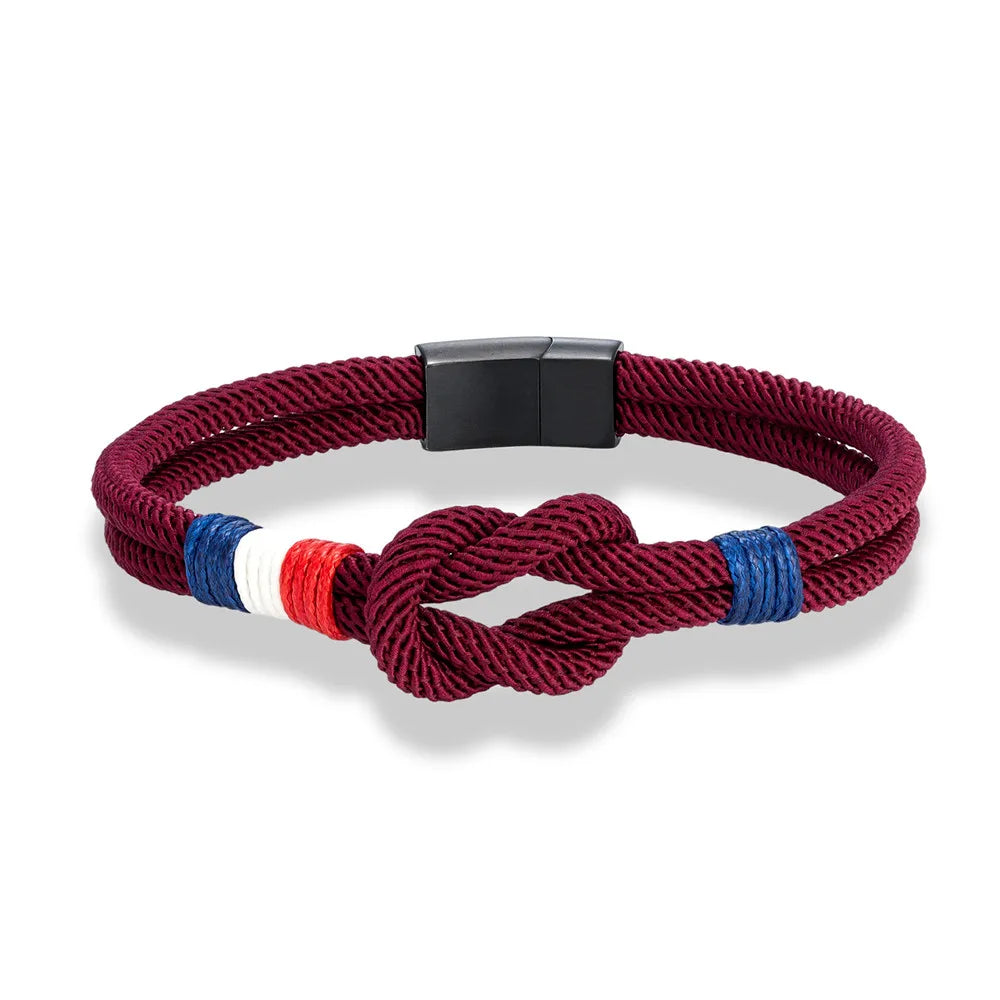 MKENDN Black Stainless Steel Square Knot Rope Bracelet Men Women Handmade Woven Double-Layer Design France Flag Couple Jewelry
