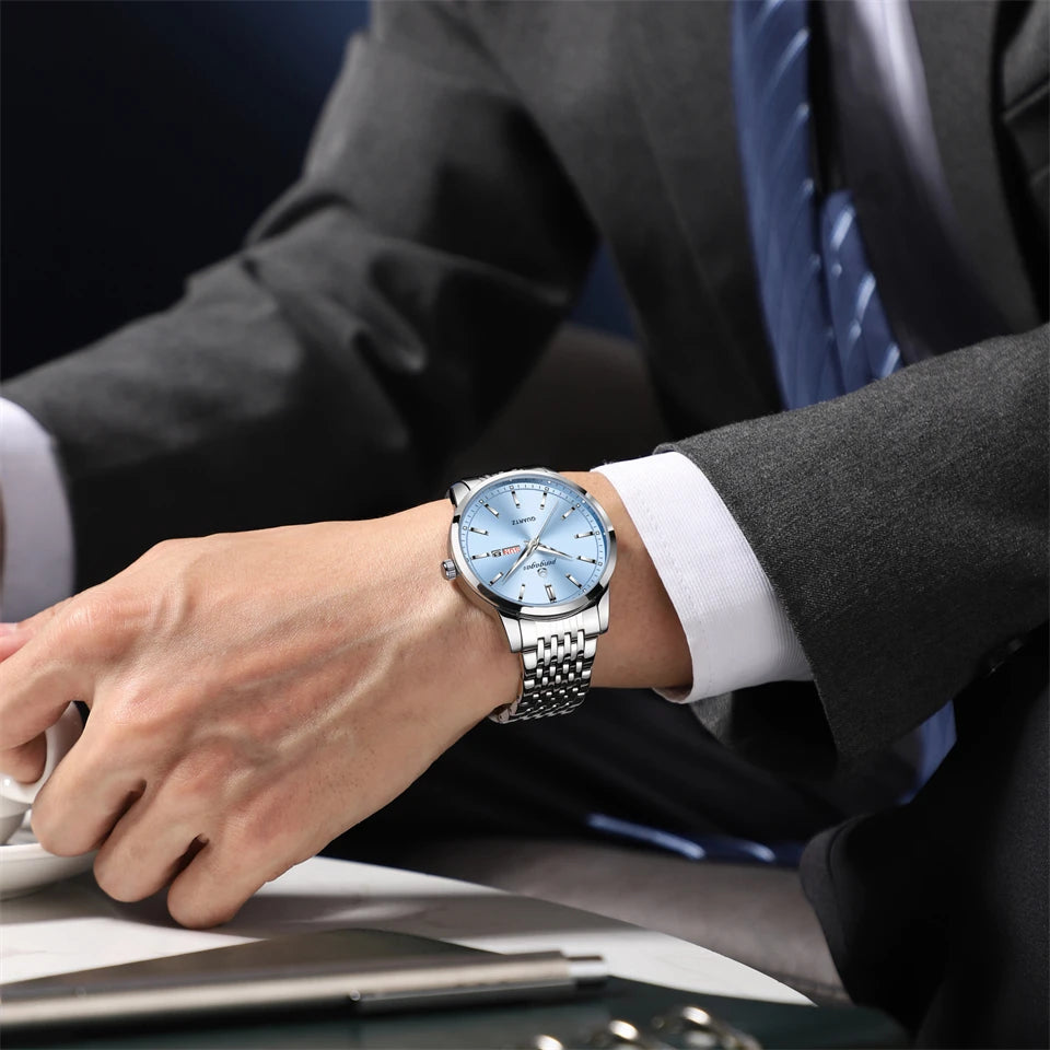 PENGAGAR Relógio de luxo para homem à prova d'água luminosa data semana relógio masculino de aço inoxidável casual relógios de quartzo masculino + caixa