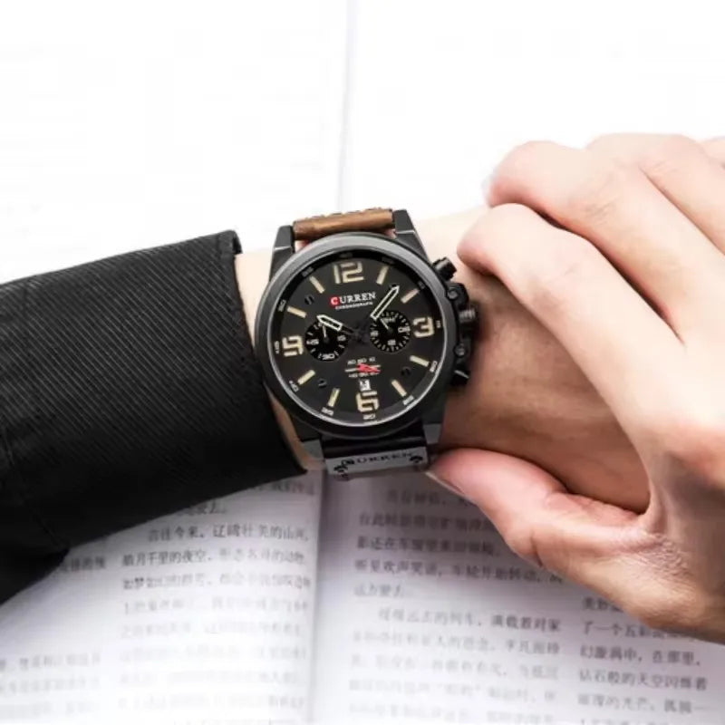 Curren 8314 relógio de quartzo masculino da moda, calendário esportivo exclusivo, pulseira de couro luminosa à prova d'água, relógio casual masculino, presente de aniversário