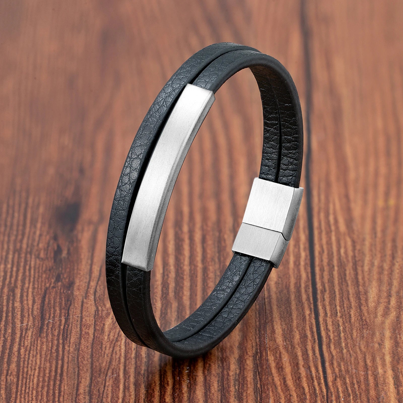 Simple Style Men's Black Genuine Leather Bracelet Classic Stainless Steel Insert Double-layer Braid Bangles For Men Friend Gift