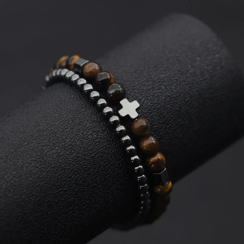 2pcs Men Bracelet Set Hematite Cross Braslet For Hombre Natural Lava Tiger Eyes Stone Braclet Homme Beaded Brazalete Pulseira