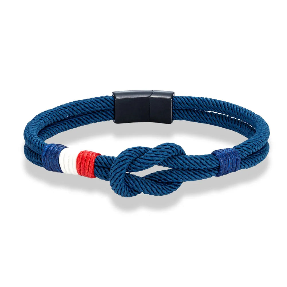 MKENDN Black Stainless Steel Square Knot Rope Bracelet Men Women Handmade Woven Double-Layer Design France Flag Couple Jewelry