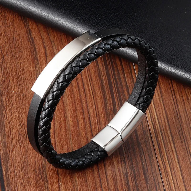 Simple Style Men's Black Genuine Leather Bracelet Classic Stainless Steel Insert Double-layer Braid Bangles For Men Friend Gift