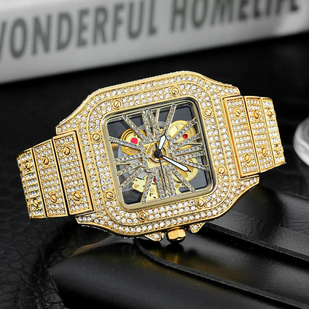 THAI-Relógio de quartzo quadrado impermeável masculino, luxo, oco, Hip Hop, diamante completo, metal, relógio, presente, W86, moda, novo, 2024