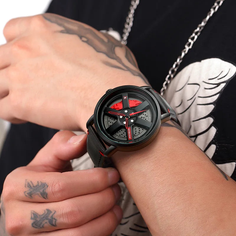 UTHAI L98 Marca Relógio Masculino Moda Esportes Personalidade Car Hub 360 °   Relógio de pulso masculino de quartzo de couro à prova d'água com rotação