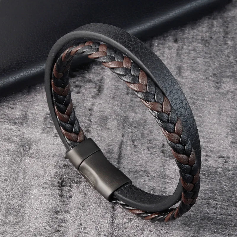 Simple Style Men's Black Genuine Leather Bracelet Classic Stainless Steel Insert Double-layer Braid Bangles For Men Friend Gift