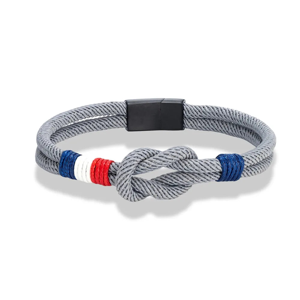 MKENDN Black Stainless Steel Square Knot Rope Bracelet Men Women Handmade Woven Double-Layer Design France Flag Couple Jewelry
