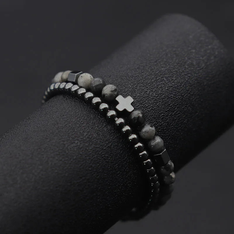 2pcs Men Bracelet Set Hematite Cross Braslet For Hombre Natural Lava Tiger Eyes Stone Braclet Homme Beaded Brazalete Pulseira