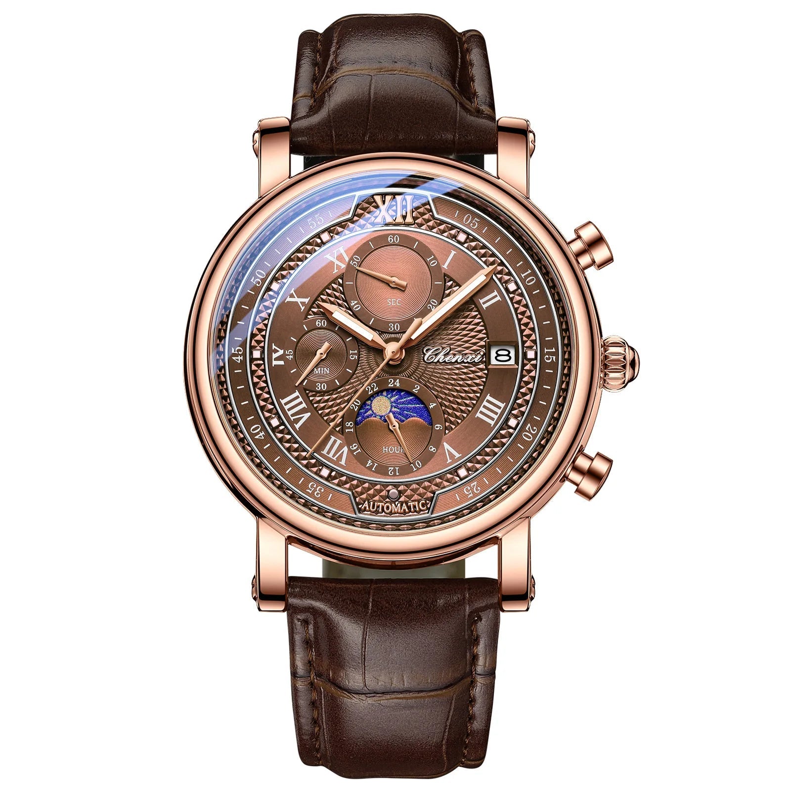CHENXI-Relógio de quartzo de couro 976 masculino, fase da lua, cronógrafo luminoso, relógio de pulso comercial, relógio de pulso comercial