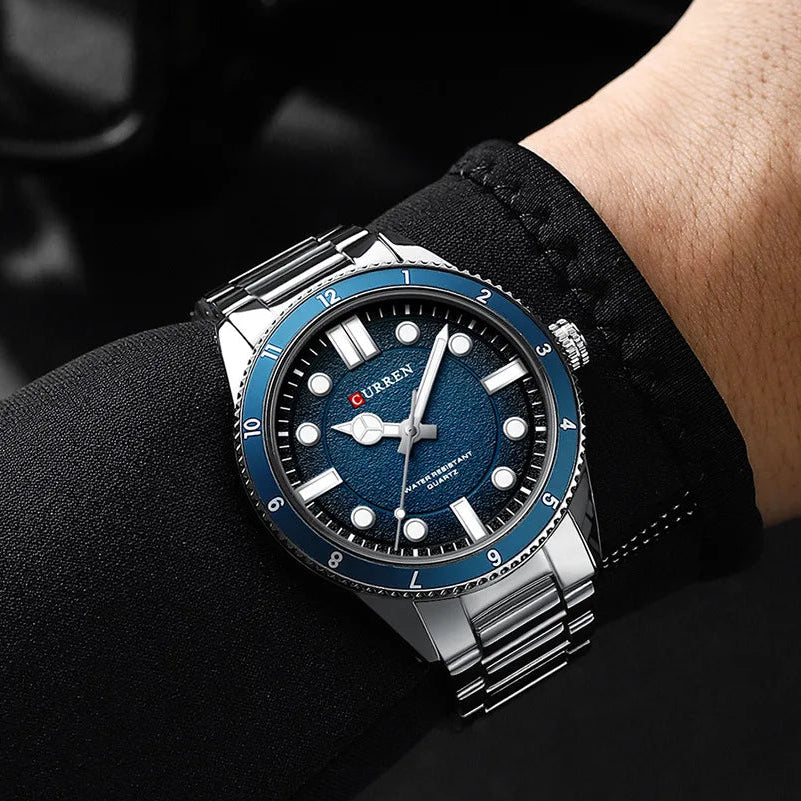 Curren 8450 relógio de quartzo masculino negócios azul verde relógio analógico display pulseira de aço inoxidável relógios de pulso para masculino