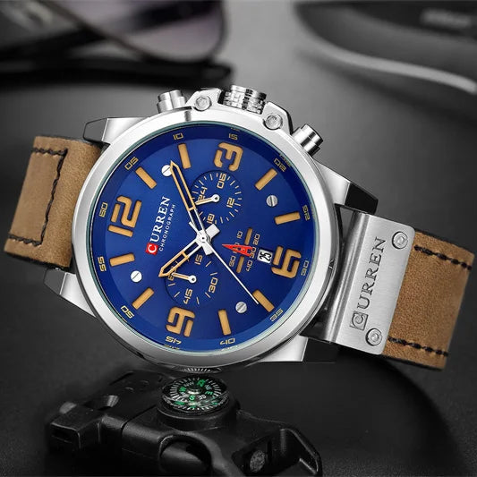 Curren 8314 relógio de quartzo masculino da moda, calendário esportivo exclusivo, pulseira de couro luminosa à prova d'água, relógio casual masculino, presente de aniversário