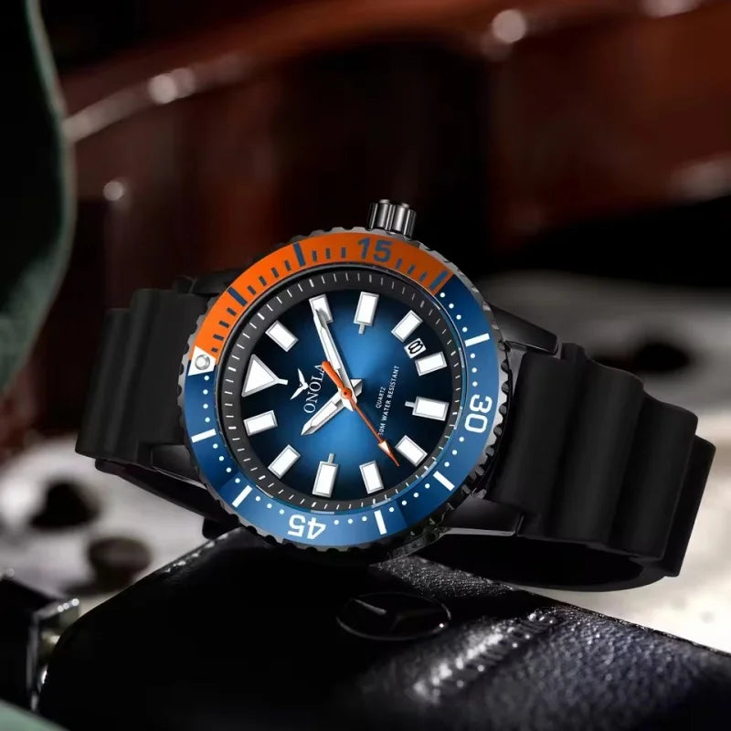Onola 3850 cor clássica relógio de quartzo masculino genuíno à prova dwaterproof água calendário luminoso pulseira de borracha casual diário relógio masculino presentes