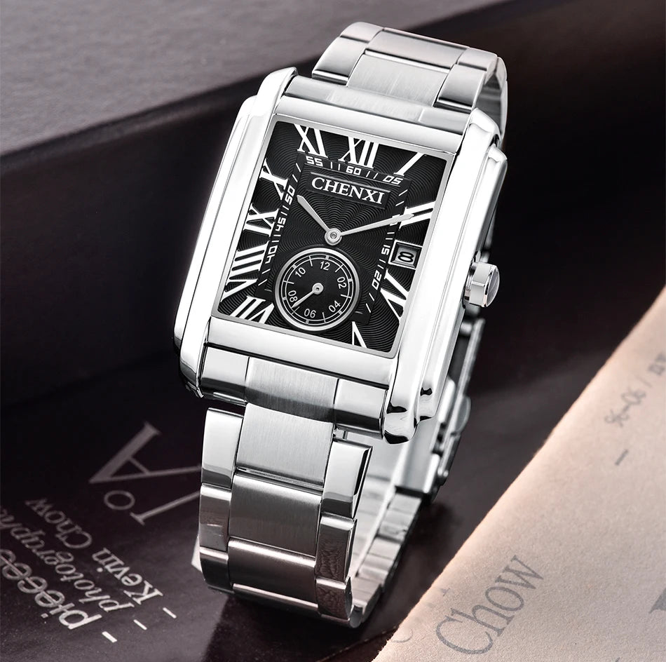 CHENXI 8216 Relógio de quartzo masculino de negócios casual quadrado à prova d'água pulseira de aço inoxidável calendário relógios clássicos da moda para homens
