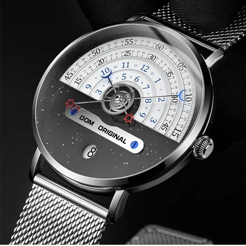 Dom 1288 relógio de quartzo masculino moda criativa à prova dwaterproof água especial lua estrela ponteiro malha relógios de pulso para relógios masculinos data presente