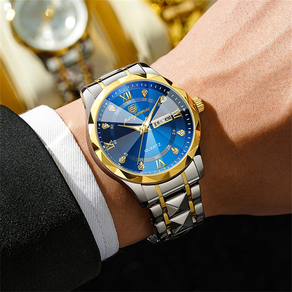 Paazomu relógios masculinos de luxo negócios marca superior homem relógio de pulso à prova dwaterproof água luminosa data semana quartzo relógio masculino alta qualidade + caixa