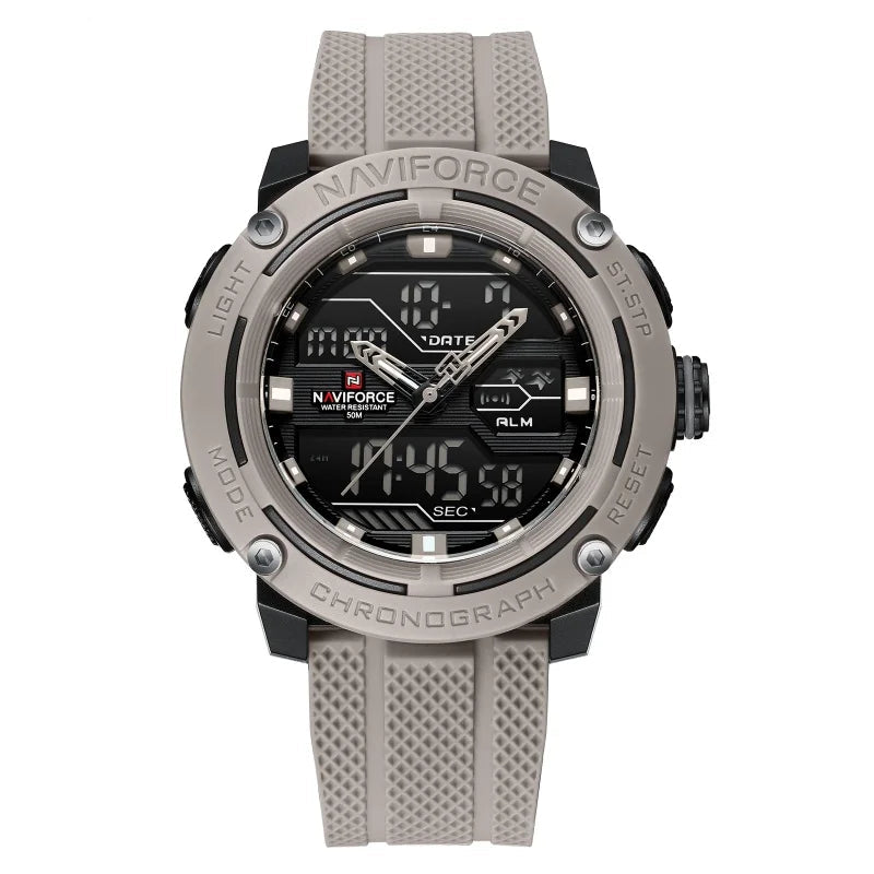 NAVIFORCE 7114 Relógio de pulso eletrônico de quartzo masculino com display duplo calendário pulseira de silicone à prova d'água relógios esportivos casuais para homens