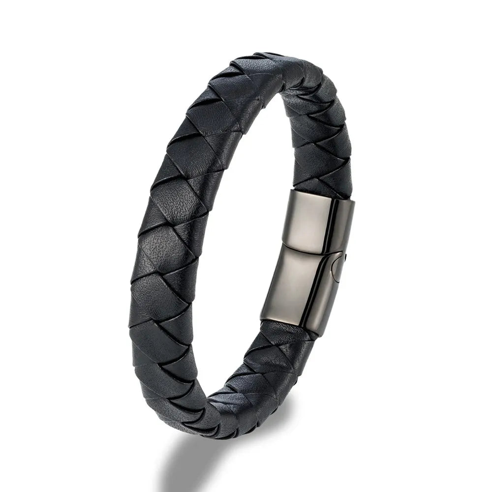 MKENDN Simple Style Men Women Braided Genuine Orange Leather Bracelet Black Stainless Steel Magnetic Buckle Bracelet Gifts Homme