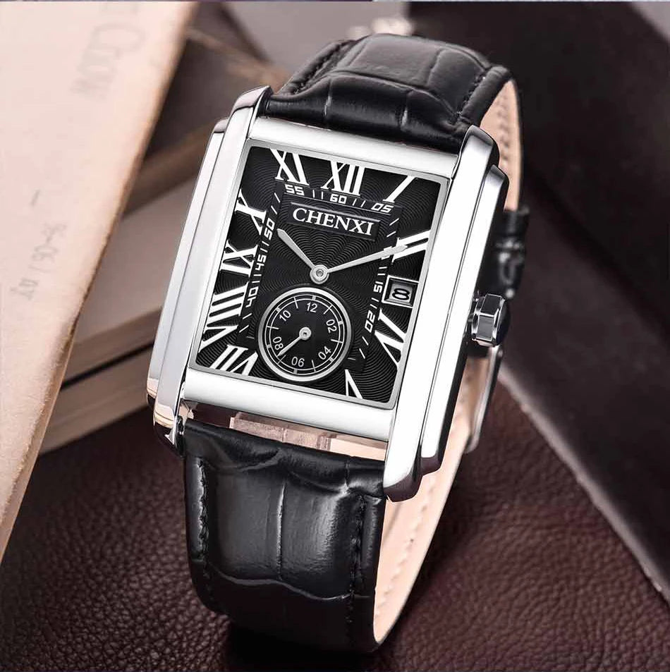 Chenxi 8216 relógios de quartzo casuais masculinos elegante mostrador quadrado pulseira de couro à prova d'água calendário simples relógio de pulso masculino de negócios