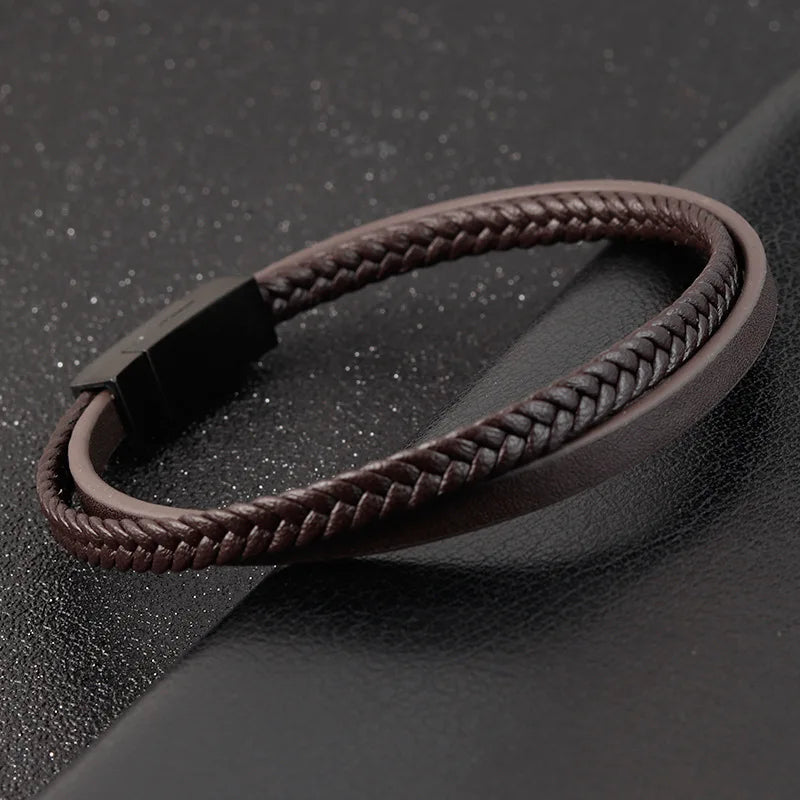 Simple Style Men's Black Genuine Leather Bracelet Classic Stainless Steel Insert Double-layer Braid Bangles For Men Friend Gift