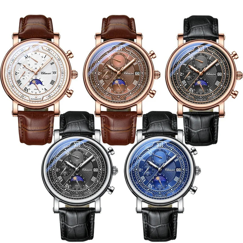 CHENXI-Relógio de quartzo de couro 976 masculino, fase da lua, cronógrafo luminoso, relógio de pulso comercial, relógio de pulso comercial