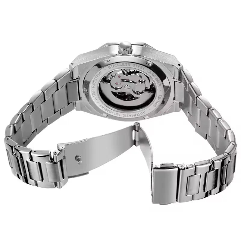 Forsining 344d moda esqueleto relógio mecânico masculino ponteiro de movimento automático luz noturna relógio de aço avançado masculino