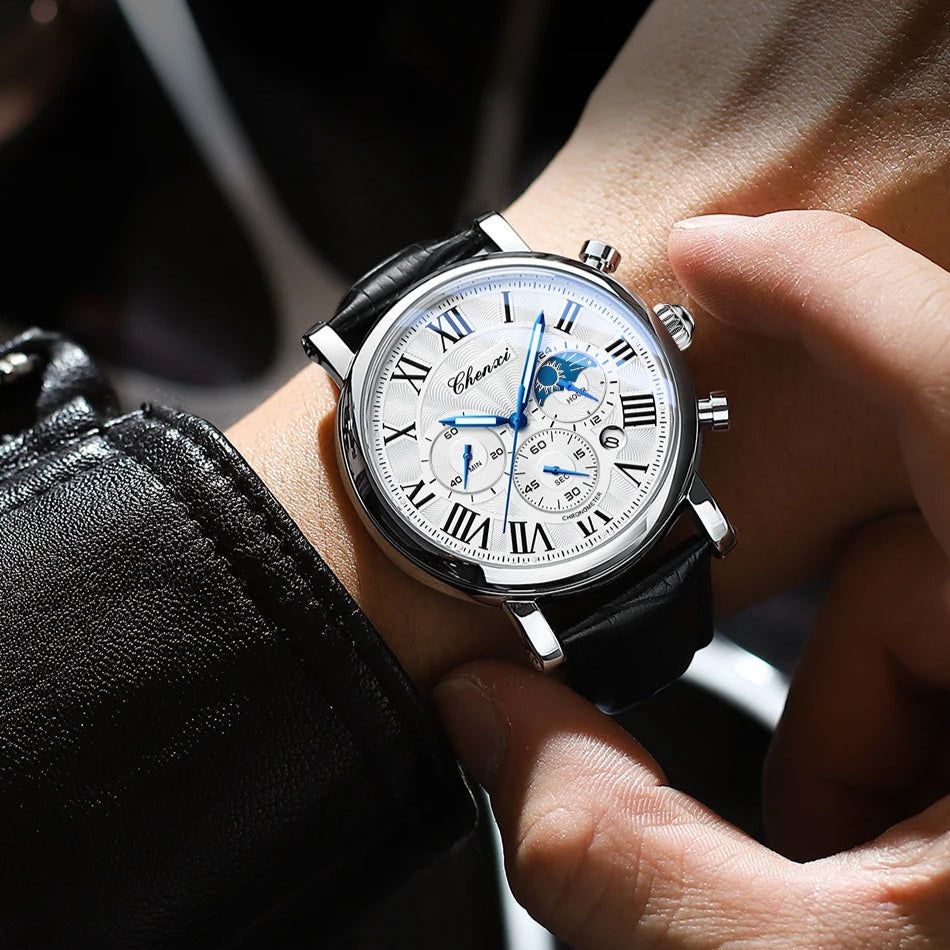 Chenxi 973 relógio de quartzo masculino moda negócios fase da lua data multifuncional cronógrafo pulseira de couro relógio de pulso para masculino