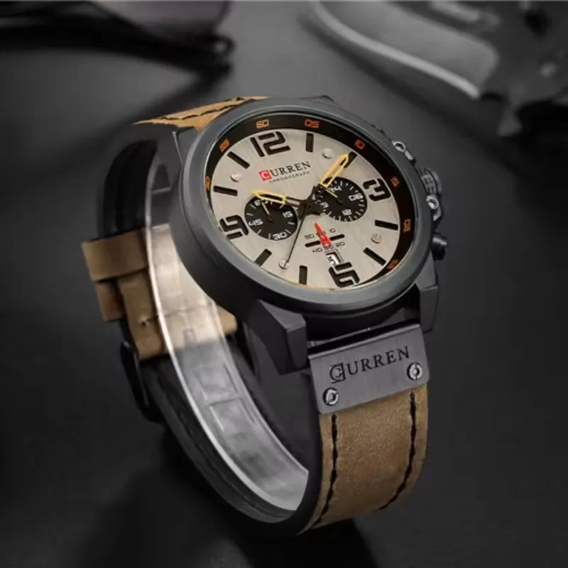 Curren 8314 relógio de quartzo masculino da moda, calendário esportivo exclusivo, pulseira de couro luminosa à prova d'água, relógio casual masculino, presente de aniversário