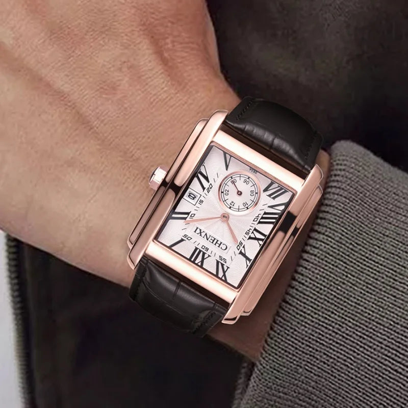 Chenxi 8216 relógios de quartzo casuais masculinos elegante mostrador quadrado pulseira de couro à prova d'água calendário simples relógio de pulso masculino de negócios