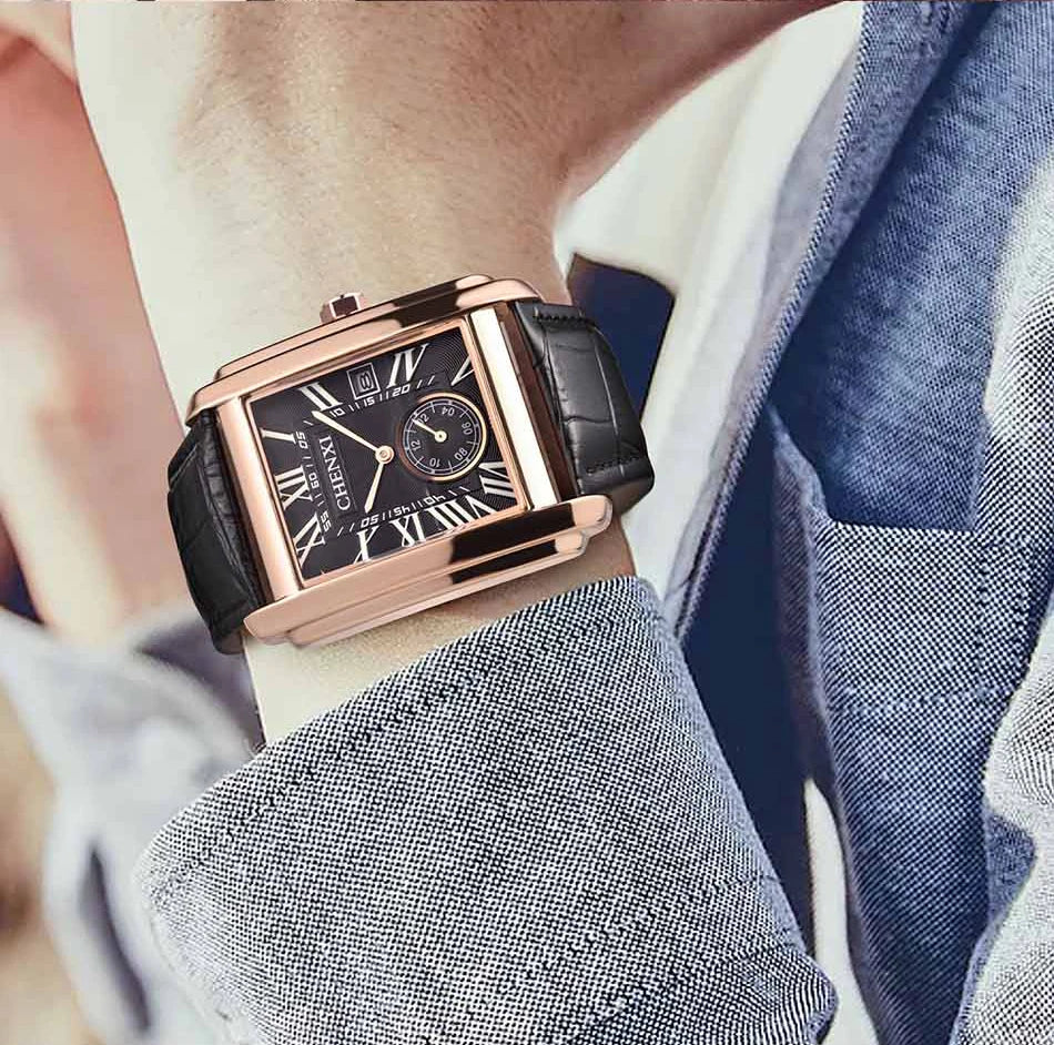 Chenxi 8216 relógios de quartzo casuais masculinos elegante mostrador quadrado pulseira de couro à prova d'água calendário simples relógio de pulso masculino de negócios
