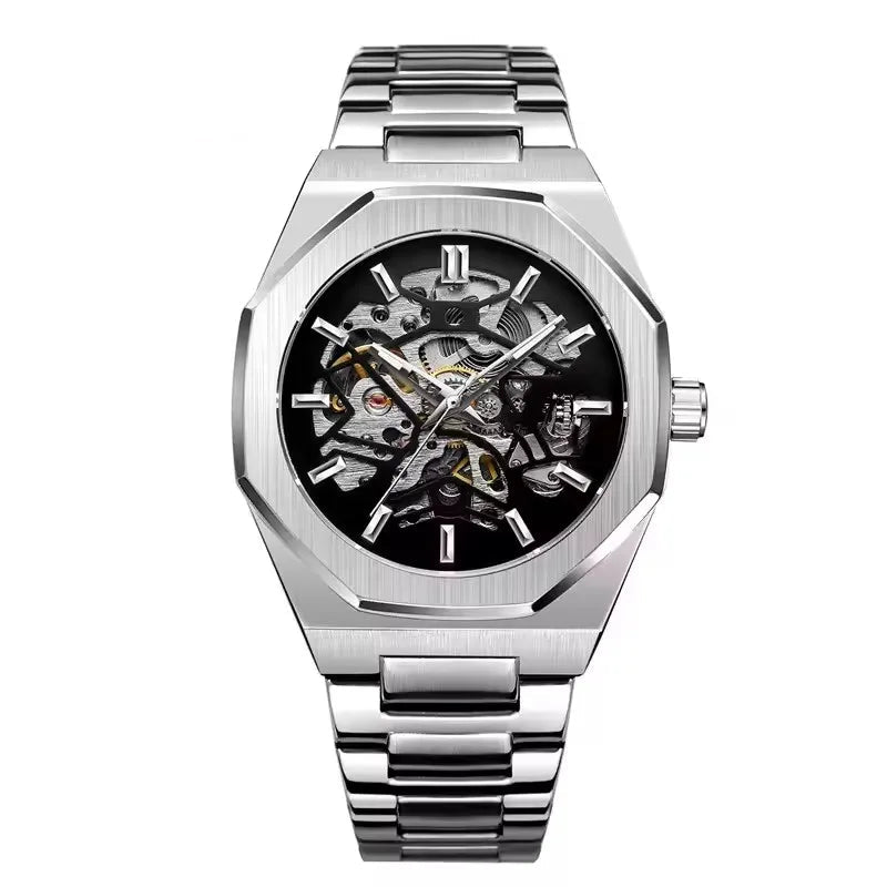Forsining 344d moda esqueleto relógio mecânico masculino ponteiro de movimento automático luz noturna relógio de aço avançado masculino